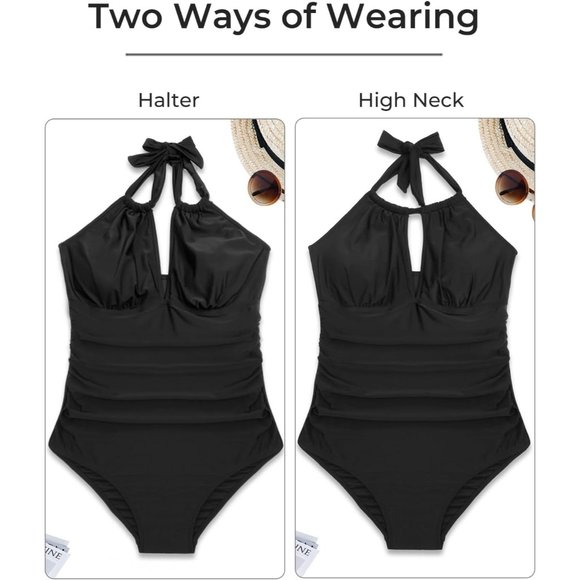 Women's Black One Piece Tummy Control Sexy Halter Swimwear - Picture 5 of 7
